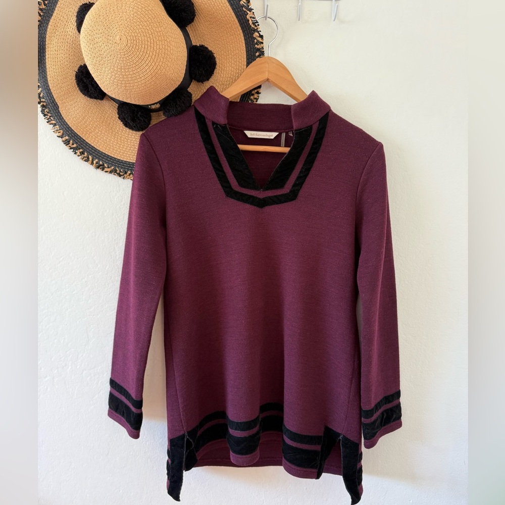 Soft Surroundings Runway Merlot Black Velvet Trim Wool Blend Tunic Sweater Small - Picture 2 of 13